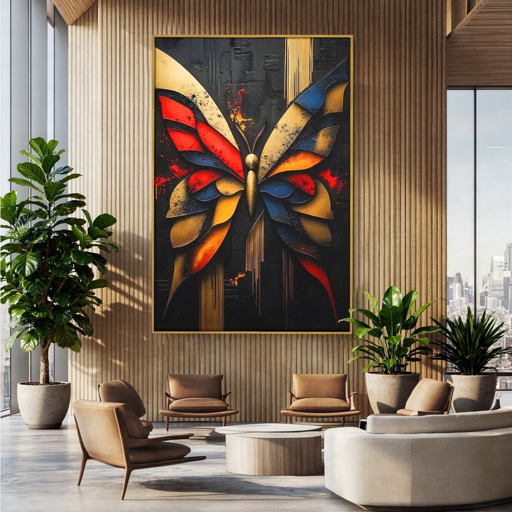 Tablou canvas cu tablou canvas cu fluture abstract, in rama de aluminiu auriu, pe perete intr-un birou